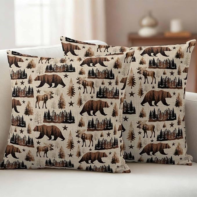 Brown Bear Elk Cabin Outdoor Pillow Covers 20x20 Inch Throw Pillow Covers Set of 2 Waterproof Decorative Pillow Cases Vintage Farmhousee Pine Tree Forest Cushion Covers for Patio Furniture Garden