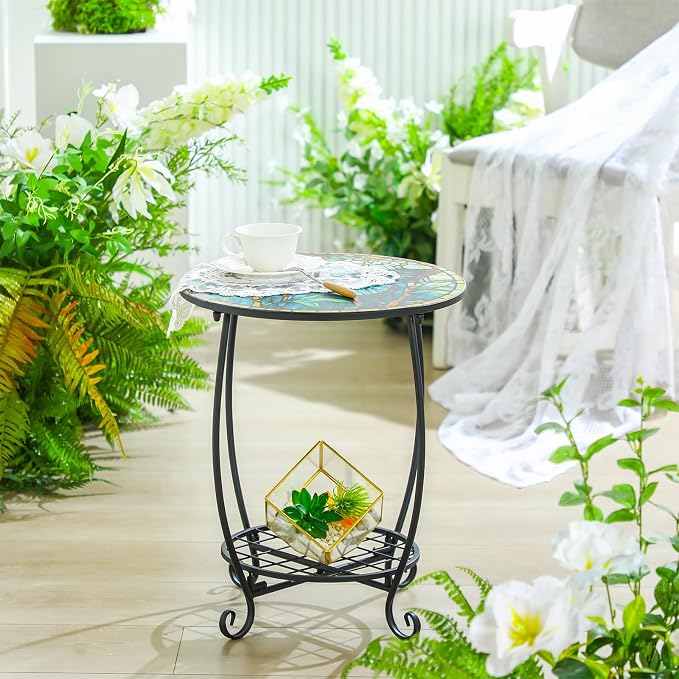 Cinnvoice Outdoor Side Table Round Small Mosaic Patio Accent Indoor End Plant Coffee Tea Table for Yard Patio Porch Garden Living Room, Bedroom(Butterfly Style,12 Inch)