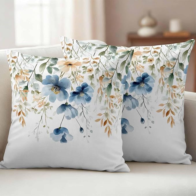 Blue Spring Floral Waterproof Outdoor Pillow Covers 20''x20'' Set of 2, Weeping Botanical Patio Furniture Summer Cushion Covers for Chairs, Decorative Wildflowers Pillow Cases for Garden/Pool/Beach