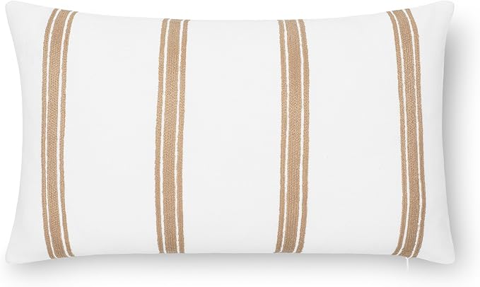 Modern Farmhouse California Casual Indoor Outdoor Lumbar Pillow Cover, 12"x20" Water Repellent for Patio, Backyard, Couch, Poolside, Neutral Ivory Cream Embroidered Stripes