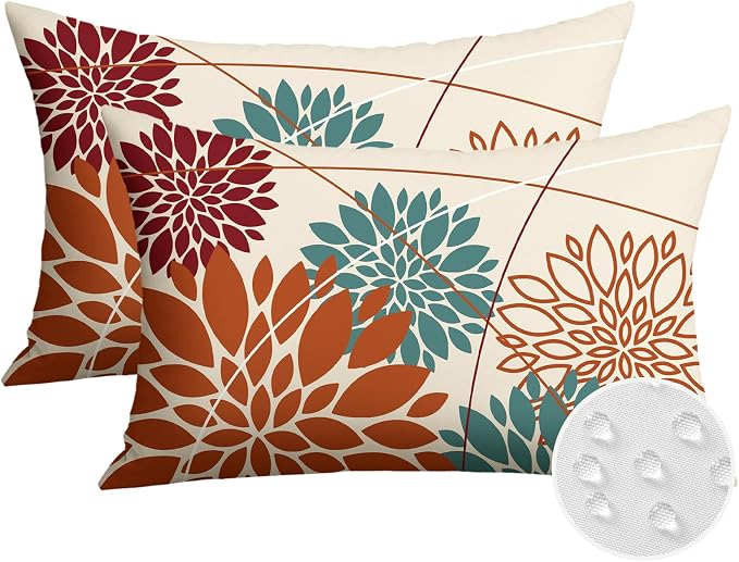 OTOSTAR Outdoor Orange Cyan Pillow Covers 12x20 Inch Set of 2 Red Flower Throw Pillows Farmhouse Geometric Dahlia Floral Lumbar Cushion Case Waterproof Decor for Sofa Patio Funiture Garden