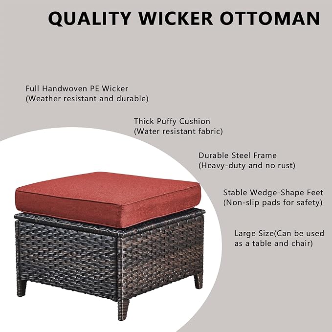 Rilyson Outdoor Patio Wicker Furniture Set - 5 Piece Rattan Patio Conversation Sectional Sofa Set with 1 Couch,2 Armchairs,2 Ottomans for Porch Deck Garden(Brown/Red)
