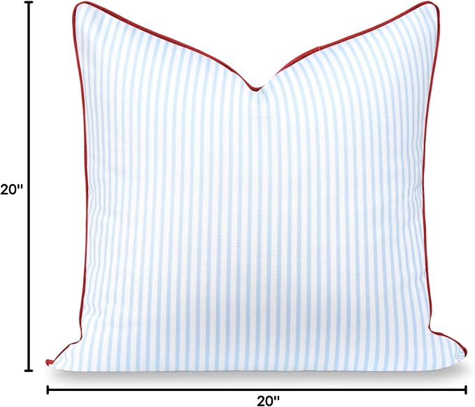 Hofdeco Premium Coastal Hampton Patio Indoor Outdoor Throw Pillow Cover Only, 20"x20" Water Repellent for Backyard, Couch, Poolside, Baby Blue Red Print Stripes