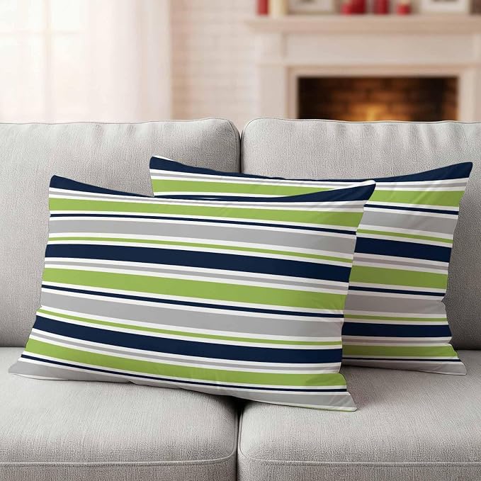 Lumbar Pillow Covers 12 x 20 Inches, Green Gray Striped Waterproof Throw Pillow Cover Set of 2, Farmhouse Stripes Modern Abstract Art Decorative Rectangle Cushion Covers for Patio/Couch/Garden