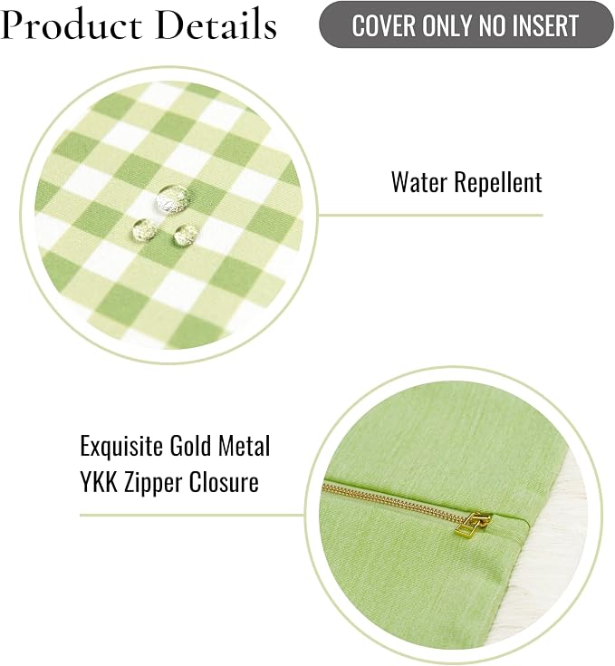 Hofdeco Premium Coastal Patio Indoor Outdoor Lumbar Pillow Cover Only, 12"x20" Water Resistant for Backyard, Couch, Green Gingham Fringe