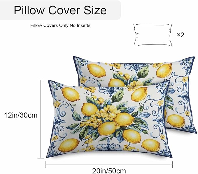 Lumbar Pillow Covers 20x12 Inch Set of 2, Yellow Lemon Waterproof Outdoor Cushion Covers, Middle Century Blue Italian Textured Decorative Pillowcases for Couch, Sofa, Bed, Garden, Patio
