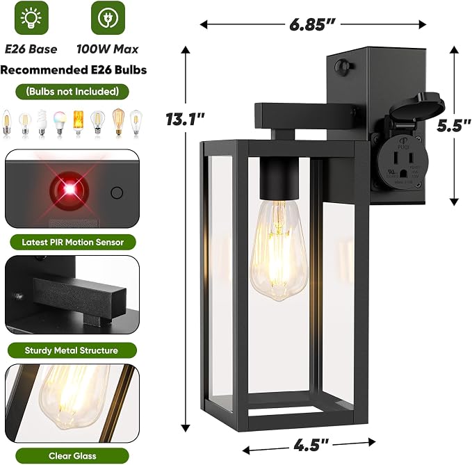 Upgraded Motion Sensor Outdoor Wall Light with Outlet, Black | UL-listed Extra Power Socket, Auto ON/OFF, 3 Lighting Modes, Waterproof, Rust-Resistant, Durable Metal & Clear Glass