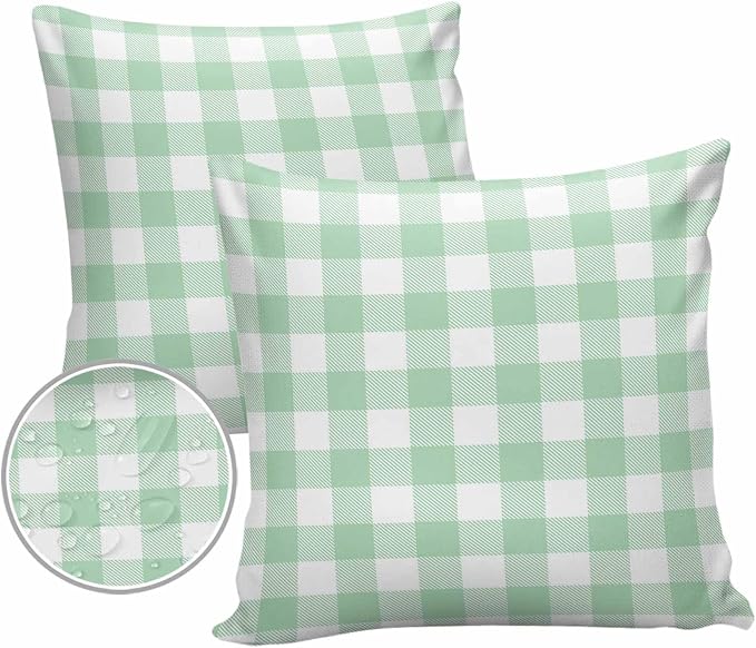 Outdoor Waterproof Throw Pillow Covers Set of 2 Light Green Buffalo Check Plaid Pillowcases 16x16 Inches Farmhouse Style Patio Decorative Pillows Cushion Case Patio Pillows for Couch Bed Chair Garden