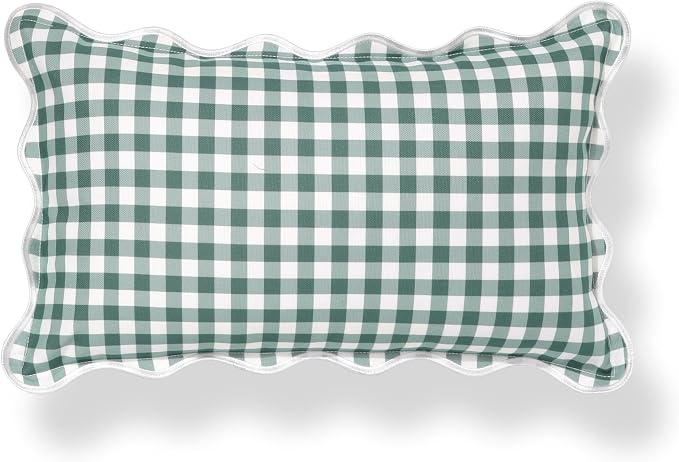 Hofdeco Premium Coastal Grandmillennial Scalloped Patio Indoor Outdoor Lumbar Pillow Cover Only, 12"x20" Water Repellent for Backyard, Couch, Poolside, Forest Green Print Gingham