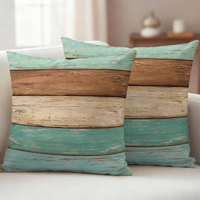 Farmhouse Teal Blue Brown Outdoor Waterproof Pillow Covers, Vintage Wooden Striped Decorative Square Throw Pillowcase Sofa Cushion Sham for Patio/Couch/Chair, 20"x20" 2 Pack