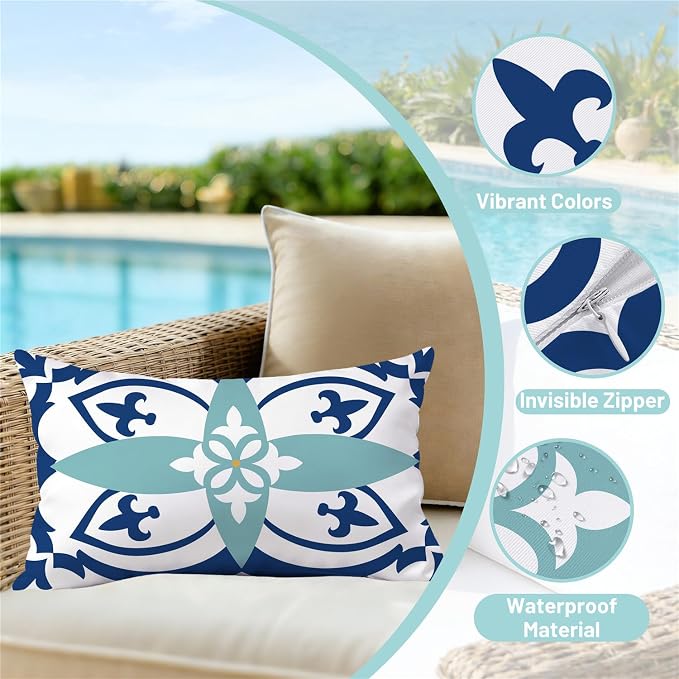 NIGHTWISH Outdoor Waterproof Pillow Covers 12x20 Set of 4 Teal Boho Decorative Outdoor Throw Pillows Floral Cushion Cases for Patio Furniture Bench Couch Sunbrella