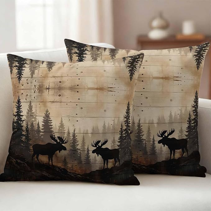 Nature Landscape Outdoor Waterproof Pillow Covers Pack of 2, Rustic Moose Forest Pine Silhouettes Wildlife Throw Pillowcases Decorative Cushion Covers for Garden Patio Tent Sofa Couch, 24x24 inch