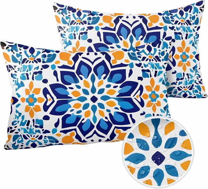 Outdoor Waterproof Pillow Covers Abstract Blue Yellow Flowers Set of 2 Decorative Outdoor Pillowcases Vintage Art Cushion Cases for Patio Funiture Garden Couch Bench 12 x 20 Inches