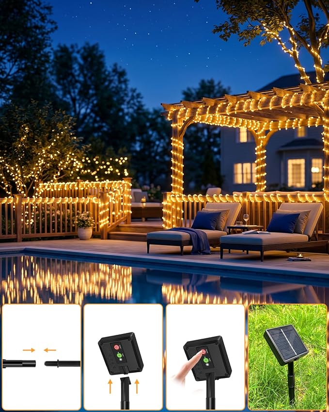 btfarm 4 Pack Solar Rope Lights, 120LED 46FT Solar String Lights Outdoor Waterproof, 8 Lighting Modes Solar Powered Strip Tube for Outside Garden Tree Christmas Yard Patio Wedding Decor, Warm White