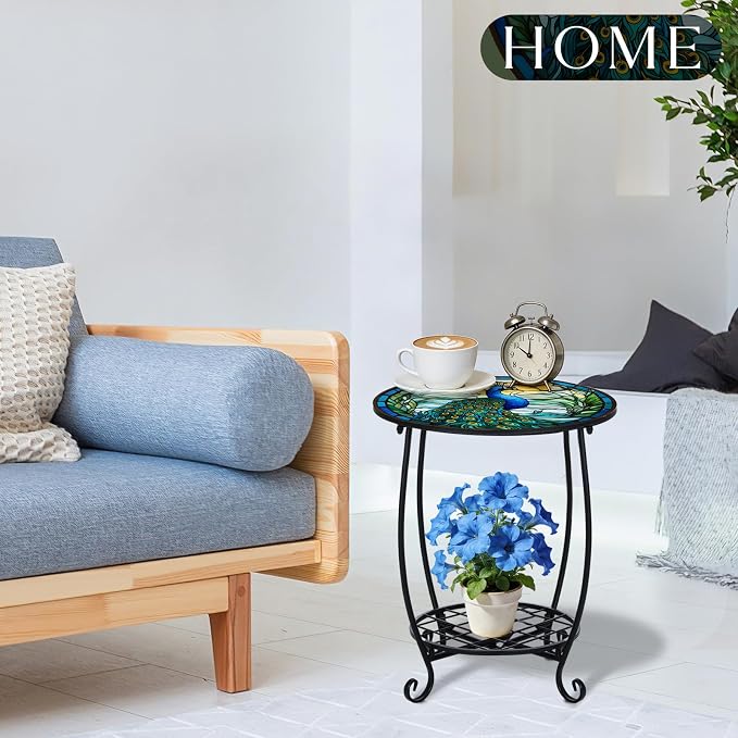 Cinnvoice Outdoor Side Table Round Small Mosaic Patio Accent Indoor End Plant Coffee Tea Table for Yard Patio Porch Garden Living Room, Bedroom(Peacock Style,18 Inch)