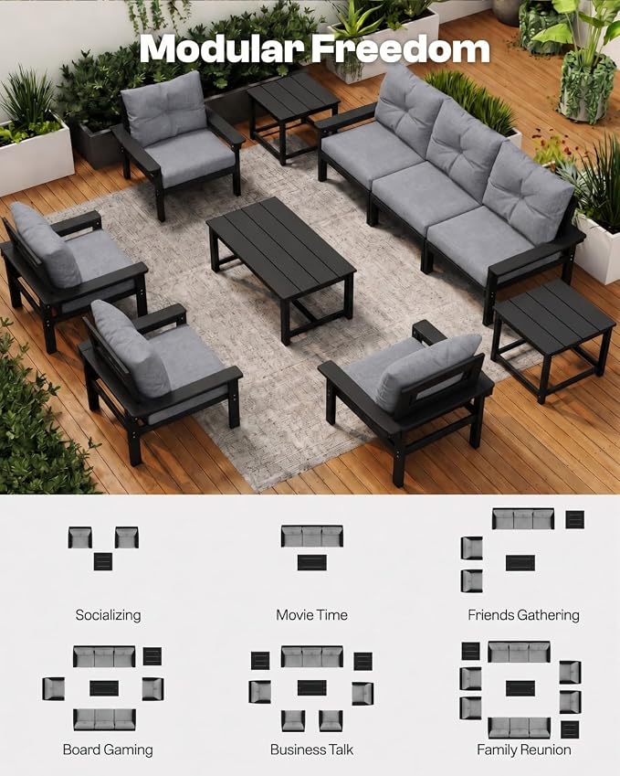 3 Piece HDPE Outdoor Patio Furniture Set, All-Weather 2 Armchairs with Side Table, Patio Conversation Set with Grey Washable Thick Cushion for Balcony,Porch(Black Frame)