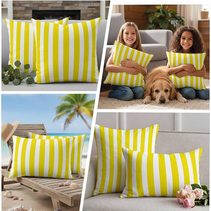 Yellow Striped Outdoor Waterproof Throw Pillow Covers 16x16 Set of 2, Modern Farmhouse Yellow White Stripes Decorative Pillowcases Cushion Pillowcase for Couch Sofa Patio Outside Pillow Protector