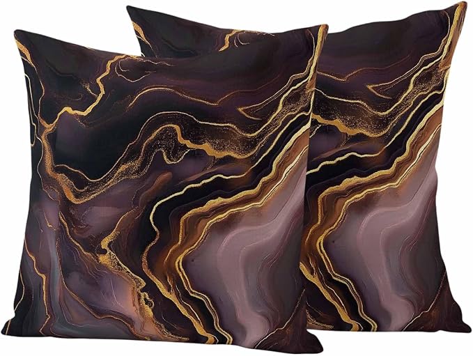 Abstract Marble Texture Outdoor Waterproof Throw Pillow Covers Set of 2, 18"x18", Purple Gold Waves Art Decorative Pillow Covers Outside Cushion Case for Patio Porch Garden