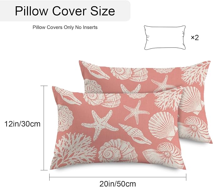 Waterproof Pillow Covers Set of 2 12x20 Inch Ocean Coastal Outdoor Lumbar Cushion Covers Shells Starfish Conch Coral Red Linen Decorative Pillow Cases for Patio, Sofa, Couch, Garden