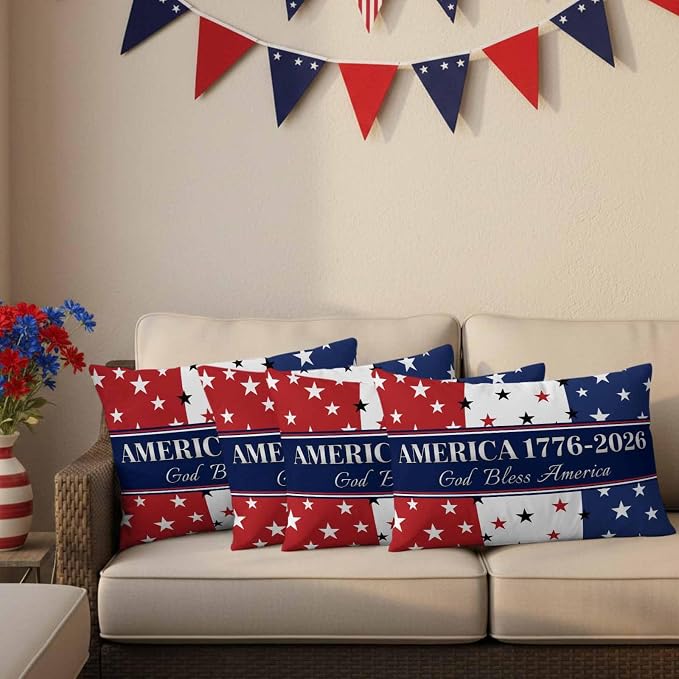 America 250th Anniversary Outdoor Pillow Covers 20"x12" Set of 2, God Bless America Patriotic Star Strip Waterproof Throw Pillow Covers for Patio Furniture, Decorative Cushion Covers for Porch