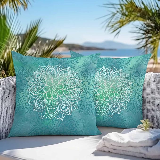 Vandarllin Outdoor Throw Pillows Covers 16x16 inch Set of 2 Waterproof Turquoise Boho Floral Decorative Zippered Cushion Covers for Patio Furniture, Bohemian Flower Lumbar Pillowcases