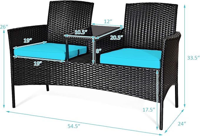 HAPPYGRILL Outdoor Rattan Loveseat Set Patio Wicker Conversation Set with Removable Cushions, Wicker Sofa Furniture Set with Coffee Table for Garden Lawn Backyard