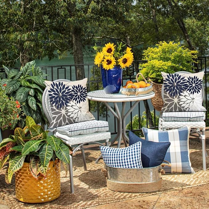 DFXSZ Pack of 2 Outdoor Waterproof Throw Pillow Covers 20x20 NavyBlue Grey | Polyester Colorful Spring Summer Floral Decorative Cushion Cases(NO INSERT),For Couch Patio Funiture Garden Home Decor