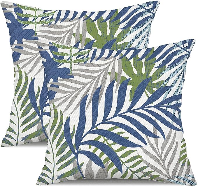 Outdoor Pillow Covers 20x20 Set of 2 Hawaii Tropics Palm Leaves Blue Green Gray Floral Pattern Decoration Pillow Covers for Spring Summer Outdoor Waterproof Garden Patio Sofa Bed Decor JB010-E20