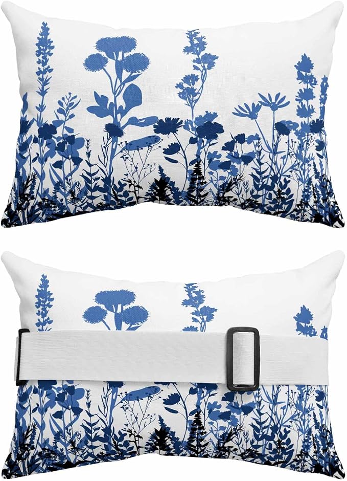 Outdoor Lumbar Cushions with Inserts, Classic Navy Blue Gradient Black Flower Silhouette Waterproof Fluffy Fade Body Pillows, Patio Furniture Pillow for Home Balcony Garden Decor 12x20IN