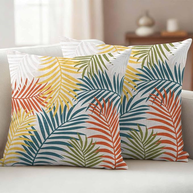 Outdoor Waterproof Throw Pillow Covers, Orange Green Yellow Palm Leaves Decorative Pillow Cases, Summer Botanical Tropical Leaf Couch Pillow Protector Patio Sofa Cushion Covers 24"x24" 2 Pack