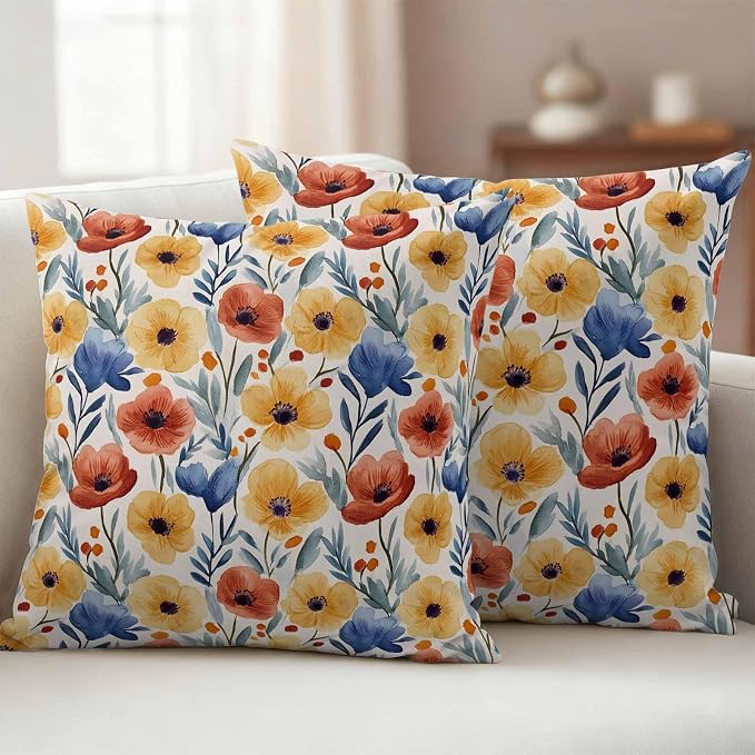 Spring Floral Outdoor Pillow Covers 18x18 Inch Throw Pillow Covers Set of 2 Waterproof Decorative Pillow Cases Red Yellow Blue Summer Botanical Cushion Covers for Patio Furniture Garden Couch Sofa