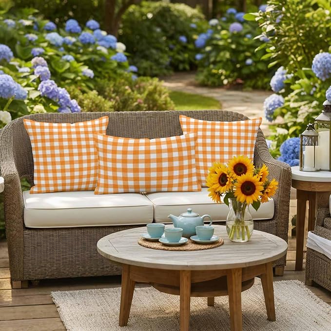 Orange Checks Outdoor Pillow Covers 20"x12" Set of 2, White Gingham Plaid Abstract Modern Summer Waterproof Throw Pillow Covers for Patio Furniture, Decorative Cushion Covers for Porch