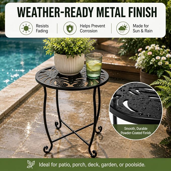 Outdoor Side Table 15 Inch Tall, Tool-Free Metal Patio End Table with Monstera Design, Space Saving Round Stand for Porch Balcony Garden (Monstera)