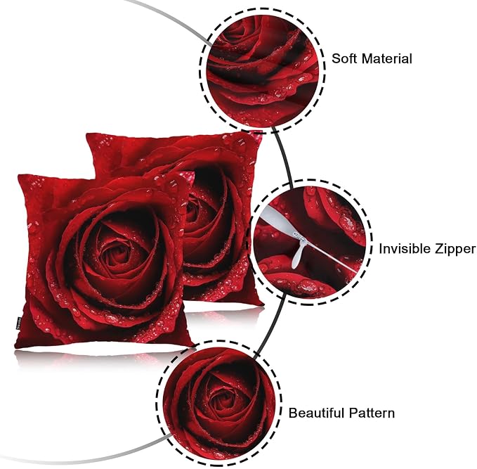 Swono Rose Pack of 2 Decorative Throw Pillow Covers Cushion Covers, Blossom Rose Water Drops Couch Pillow Case Boho Cushion Pillowcase for Bedroom Sofa Living Room 18X18 Inches, Red Rose Petals