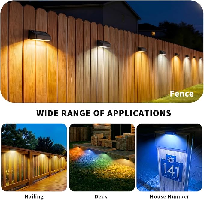 JOFIOS Solar Lights for Fence, 9 Fixed Colors & Color Changing Solar Wall Lights Outdoor Waterproof IP65 Dusk-to-Dawn LED Deck Lighting for Patio, Railing, Pool, Porch, Backyard, Wall, 16 Pack