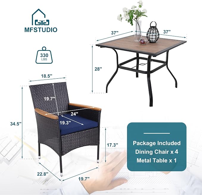 MFSTUDIO 5 Pieces Patio Dining Set, Outdoor Table and Chairs for 4, Outdoor Rattan Dining Furniture Set, Patio Wood-Like Metal Table with Wicker Chairs