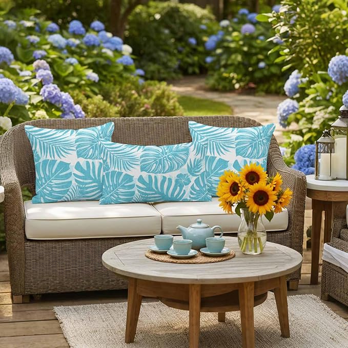 Aqua Blue Palm Leaves Outdoor Pillow Covers 20"x20" Set of 2, Tropical Botanical Minimalist Modern Waterproof Throw Pillow Covers for Patio Furniture, Decorative Cushion Covers for Porch