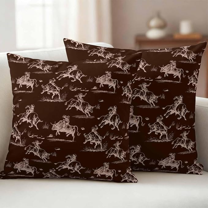Western Cowboys Outdoor Pillow Covers Waterproof, All Weather Cushion Case Set of 2, Brown Farmhouse Country Pastoral Scenery Decorative Pillowcases for Sofa Couch Bed Decor Patio Furniture 18"x18"