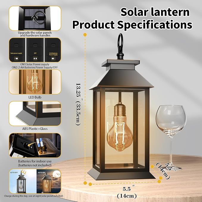 2 Pack Solar Lanterns Outdoor, Hanging Glass Solar Lights Waterproof, Dual Power Solar & 2*AA Battery, for Porch, Patio, Yard and Indoor Table or Mantel
