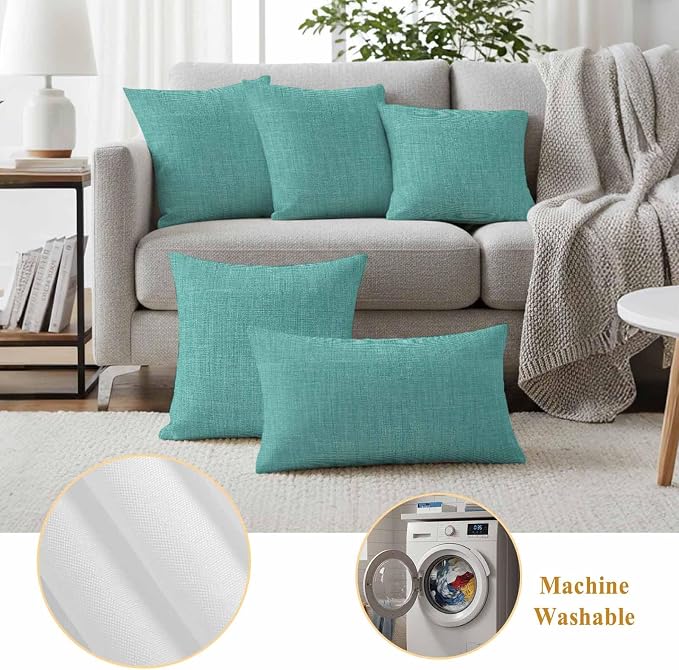 Outdoor Waterproof Throw Pillow Covers Set of 2 Turquoise Linen Pillowcases 24x24 Inches Farmhouse Pure Color Decorative Pillows Cushion Case Patio Pillows for Couch Bed Chair Garden