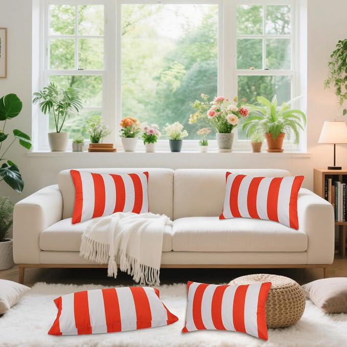 tiggell 4 Pack Waterproof Pillow Covers Outdoor Throw Pillowcases Decorative Garden Cushion Case for Home Garden Patio Couch Balcony Striped (Orange & White, 12 * 20 inch)