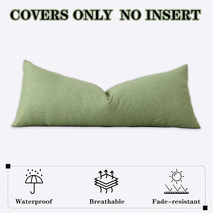 Kevin Textile Outdoor Waterproof 14”x36” Pillow Cover 1 Pack, Sage Green | Water Resistant, Soft Faux Linen-cotton Yarn-dyed Woven Texture Throw Pillow Covers for Tent Patio Garden Couch Sofa