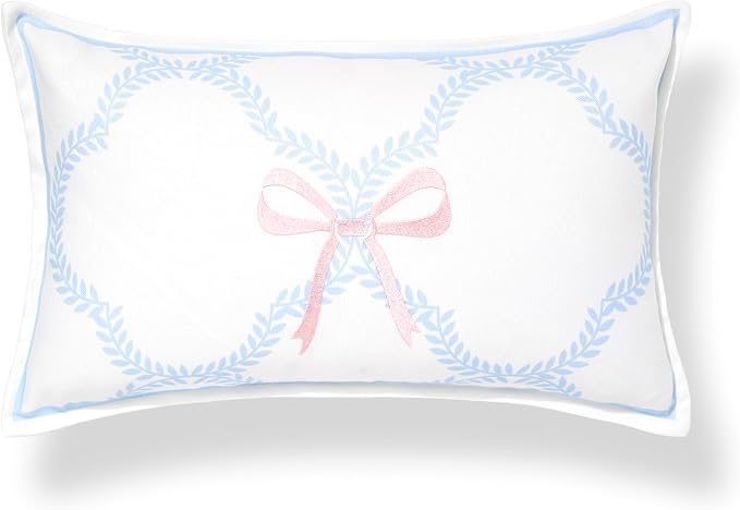 Hofdeco Premium Coastal Grandmillennial Patio Indoor Outdoor Lumbar Pillow Cover Only, 12"x20" Water Repellent for Backyard, Couch, Poolside, Baby Blue Pink Embroidered Ribbon Bow Tie on Leaves