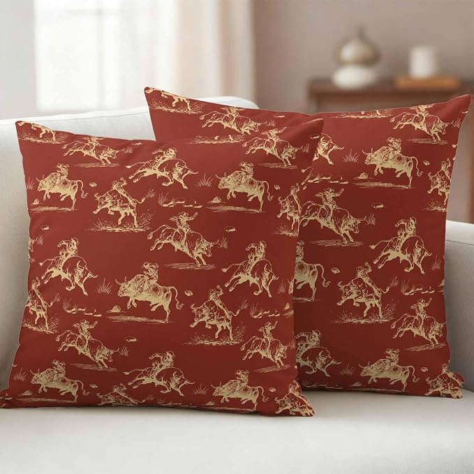 Orange Western Cowboys Outdoor Pillow Covers Waterproof, All Weather Cushion Case Set of 2, Vintage Country Cow Grass Decorative Pillowcases for Sofa Couch Bed Decor Patio Furniture 18"x18"