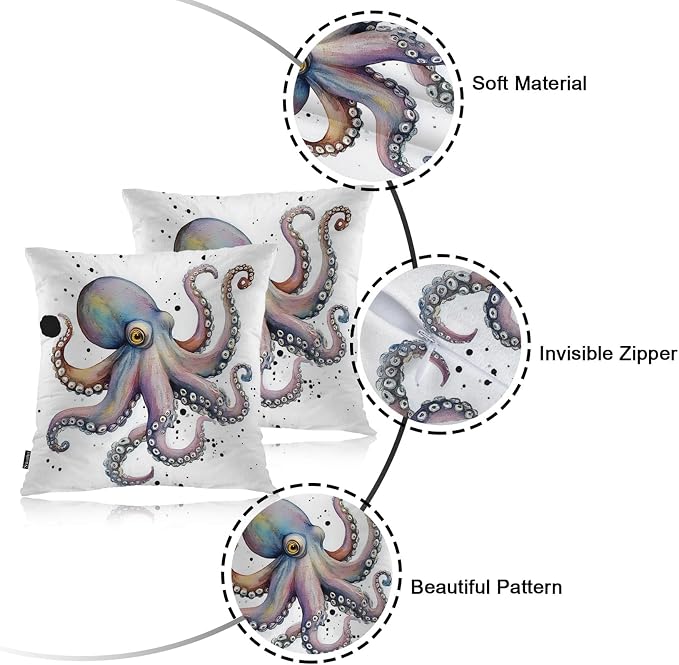 Swono Octopus Bed Pillow Covers, Watercolor Ocean Sea Octopus Decorative Throw Pillow Cover Cushion Case for Sofa Bed Living Room Farmhouse Decorations, 18"X18" 2 Pieces Pillowcases