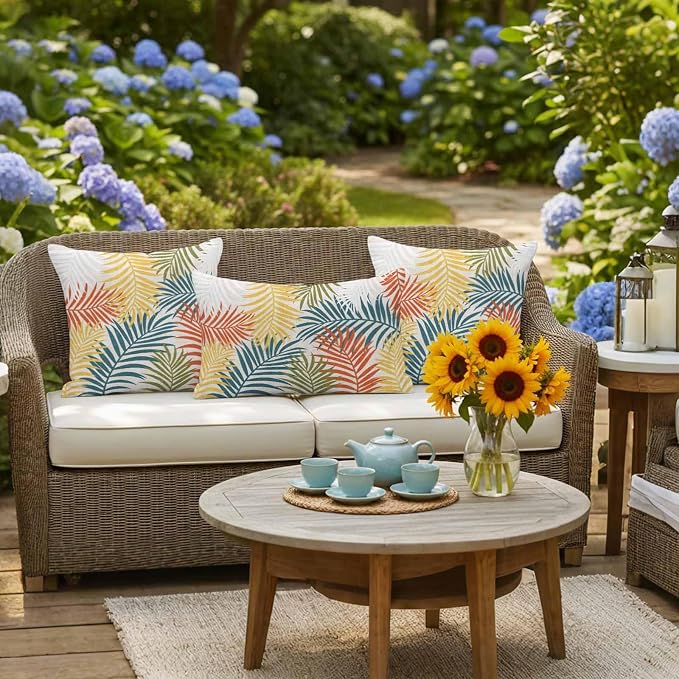 Yellow Green Palm Leaves Outdoor Pillow Covers 26"x26" Set of 2, Summer Botanical Vintage Tropical Leaf Rustic Waterproof Throw Pillow Covers for Patio Furniture, Decorative Cushion Covers for Porch