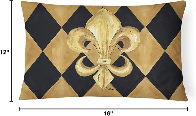 Caroline's Treasures 8125PW1216 Black and Gold Fleur de lis New Orleans Canvas Fabric Decorative Pillow Machine Washable, Indoor Outdoor Decorative Pillow for Couch, Bed or Patio, 12HX16W