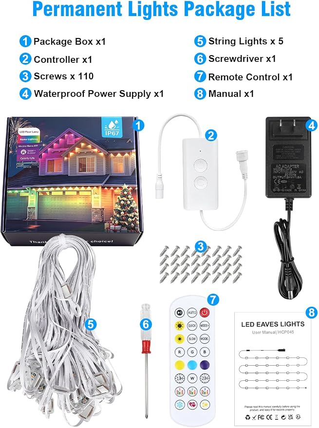 Permanent Outdoor Lights 250FT RGBIC LED Smart LED Lights, App/Remote Control IP68 Waterproof for Holiday Decor, 50 Scene Modes, DIY Lights Lighting Timing for Christmas Halloween Party M2