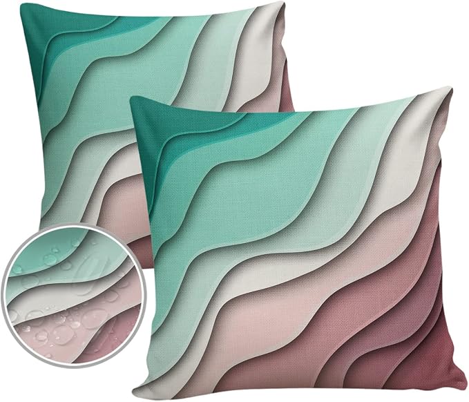 Funy Decor Waterproof Outdoor Throw Pillow Cover Green Modern Geometric Lumbar Pillowcases Set of 2 Abstract Beach Decorative Patio Furniture Pillows for Couch Garden 16 x 16 Inches