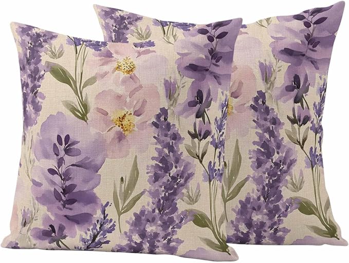 Spring Flowers Outdoor Waterproof Throw Pillow Covers Set of 2, 24"x24", Lavender Leaf Purple Floral Vintage Decorative Pillow Covers Outside Cushion Case for Patio Porch Garden